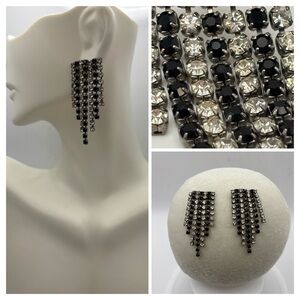 Vintage Black & Clear Rhinestone Waterfall Fringe Earrings